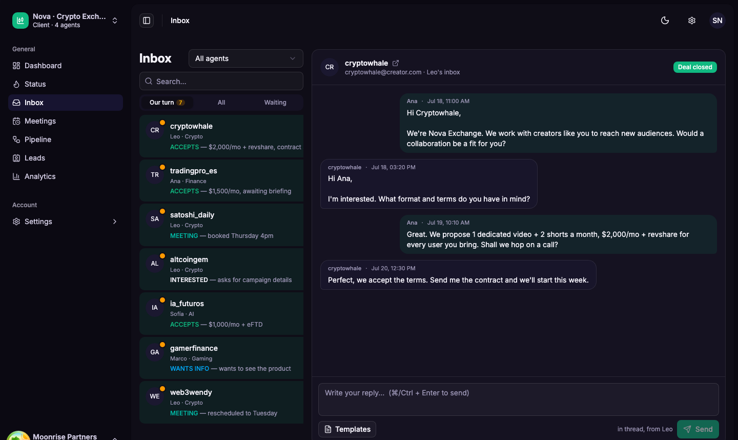 Moonrise platform: the full email conversation with a partner, in the integrated inbox